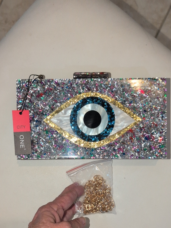One City Handbags - City Glitter Evil Eye Clutch - Silver Multicolor With Crossbody Strap